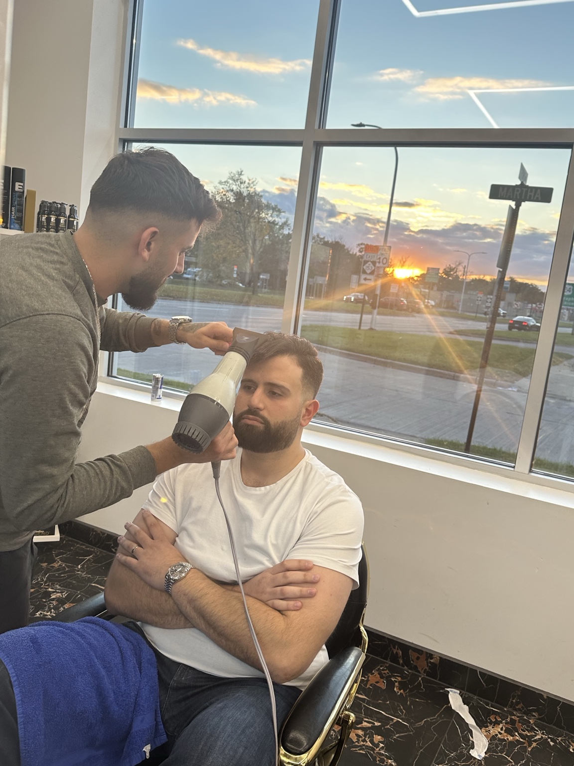 Adult styling with blow dryer and low fade